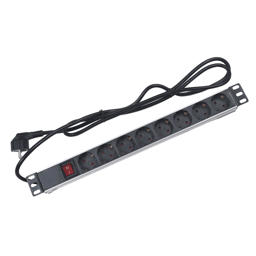 Блок розеток 19", 16А, 8 розеток, шнур 1.8м, выключатель, с защитой, черный